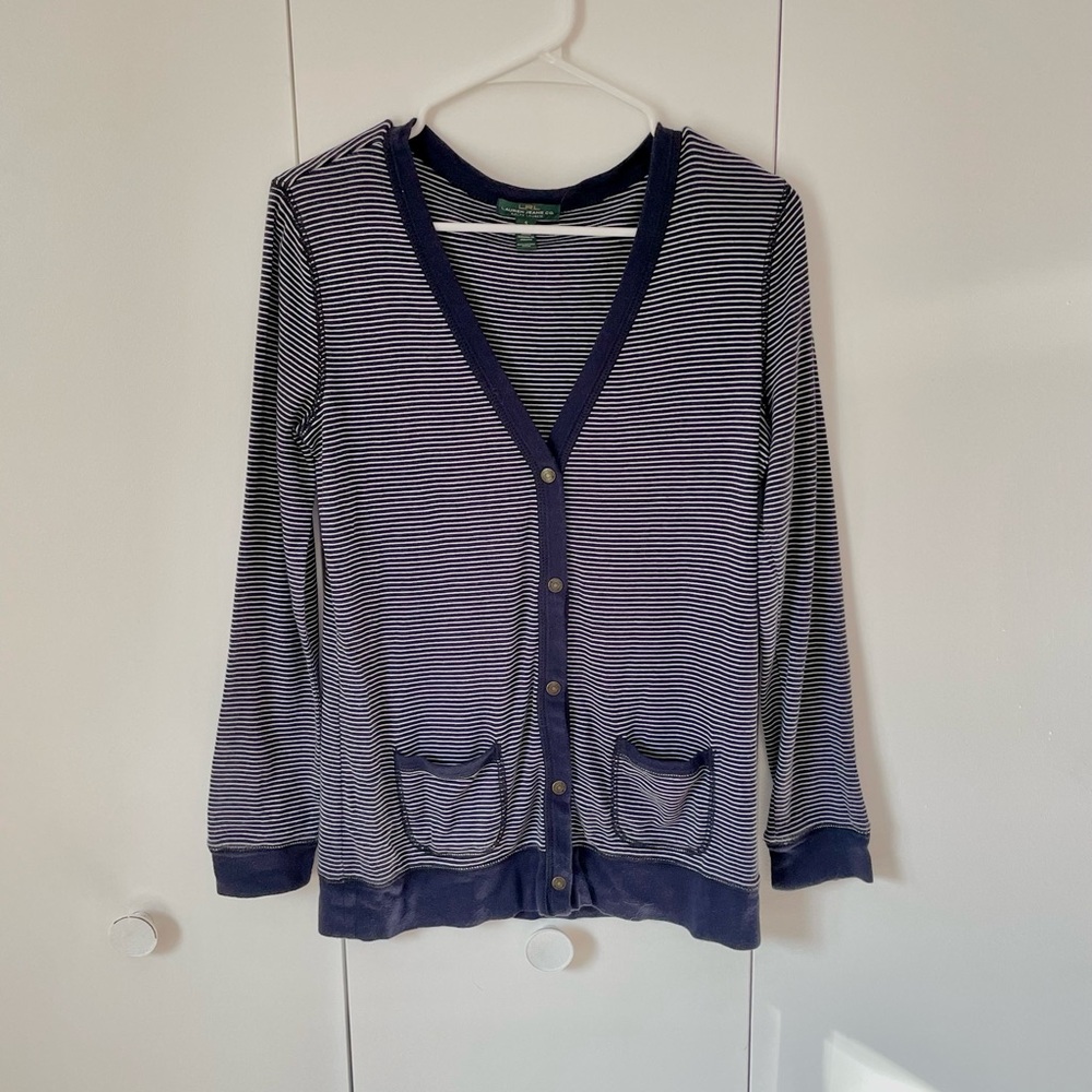 Ralph Lauren Navy and White Striped Cardigan Button Up Costal Grandma Classic